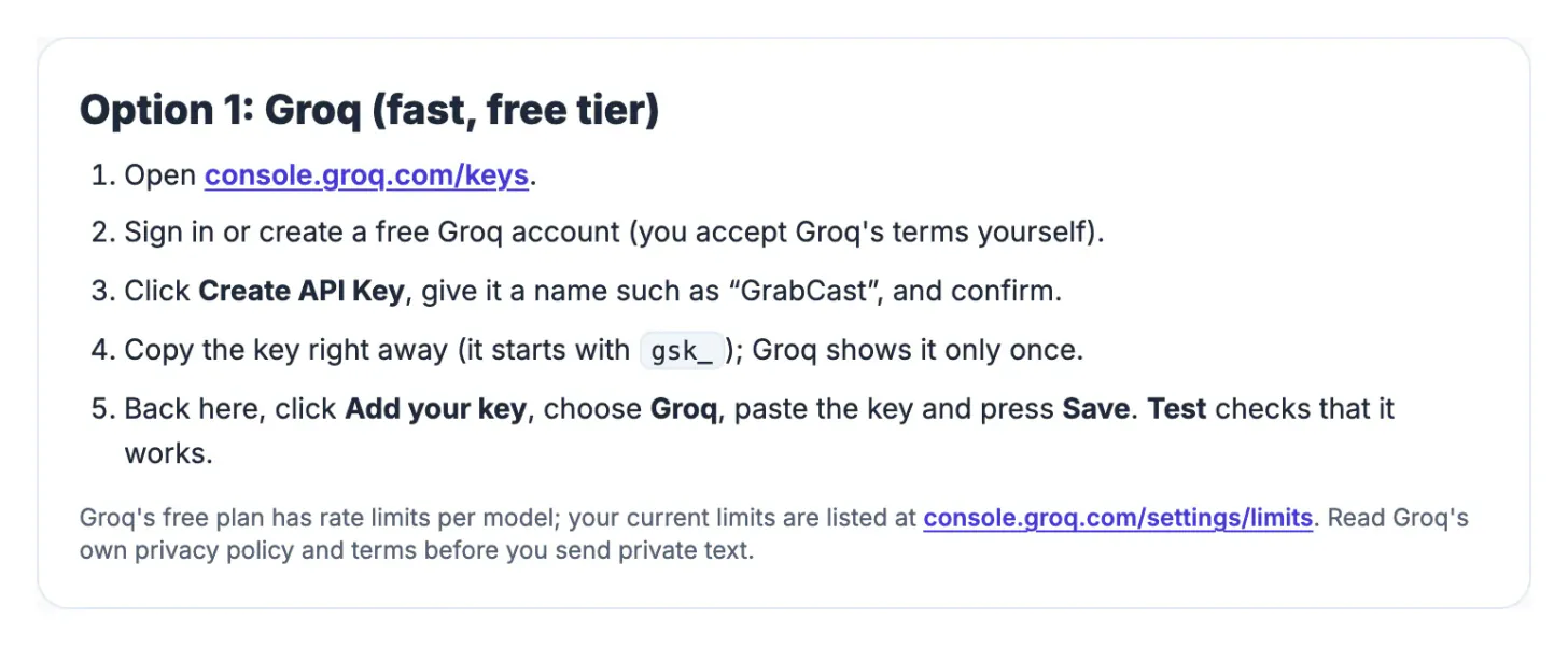 Option 1: Groq steps on the free AI key guide: open console.groq.com/keys, sign in, Create API Key, copy the key that starts with gsk_ and add it here