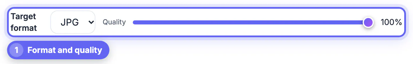 HEIC to JPG settings: Target format JPG with the Quality slider raised to 100% for printing