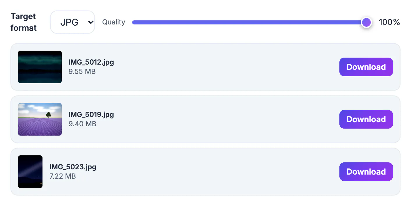 HEIC to JPG converter at 100% quality with three HEIC photos converted to JPG