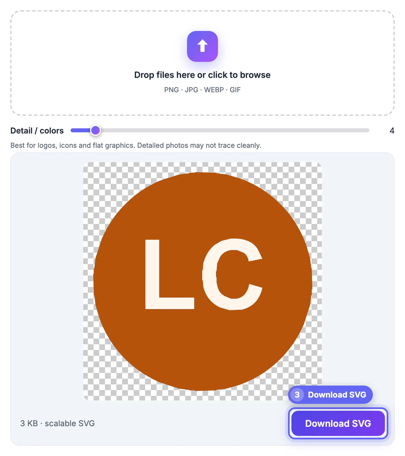 Download SVG button outlined under the 3 KB LC monogram trace