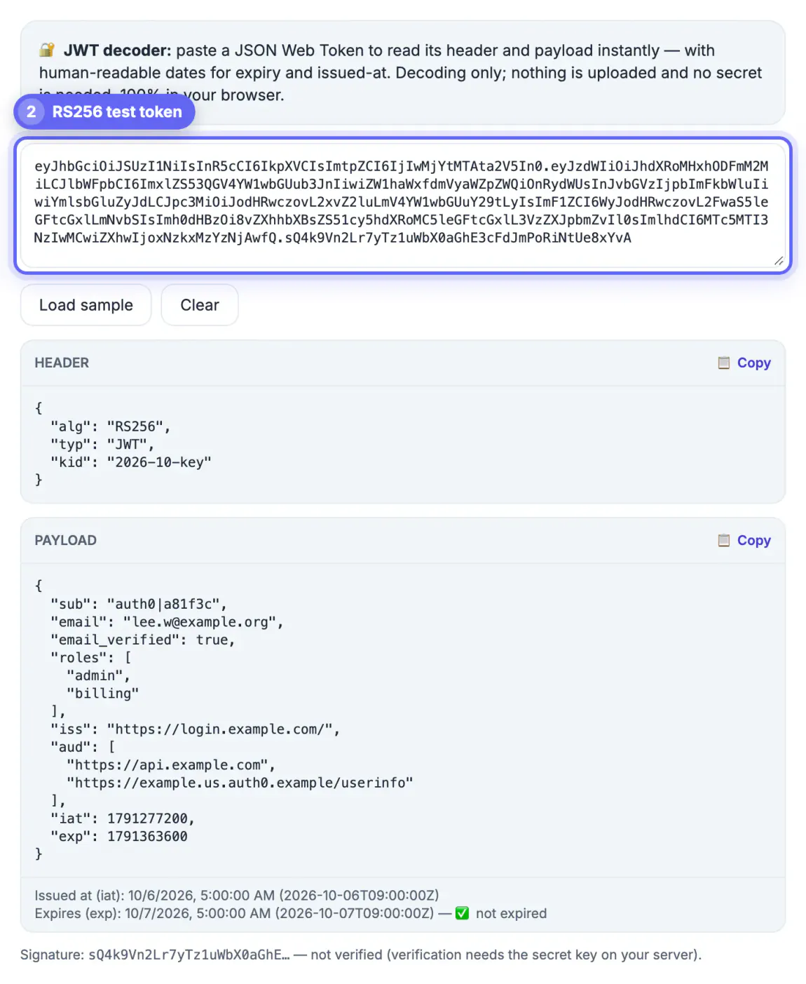 RS256 token with a kid in its header and two audiences pasted into the JWT decoder box