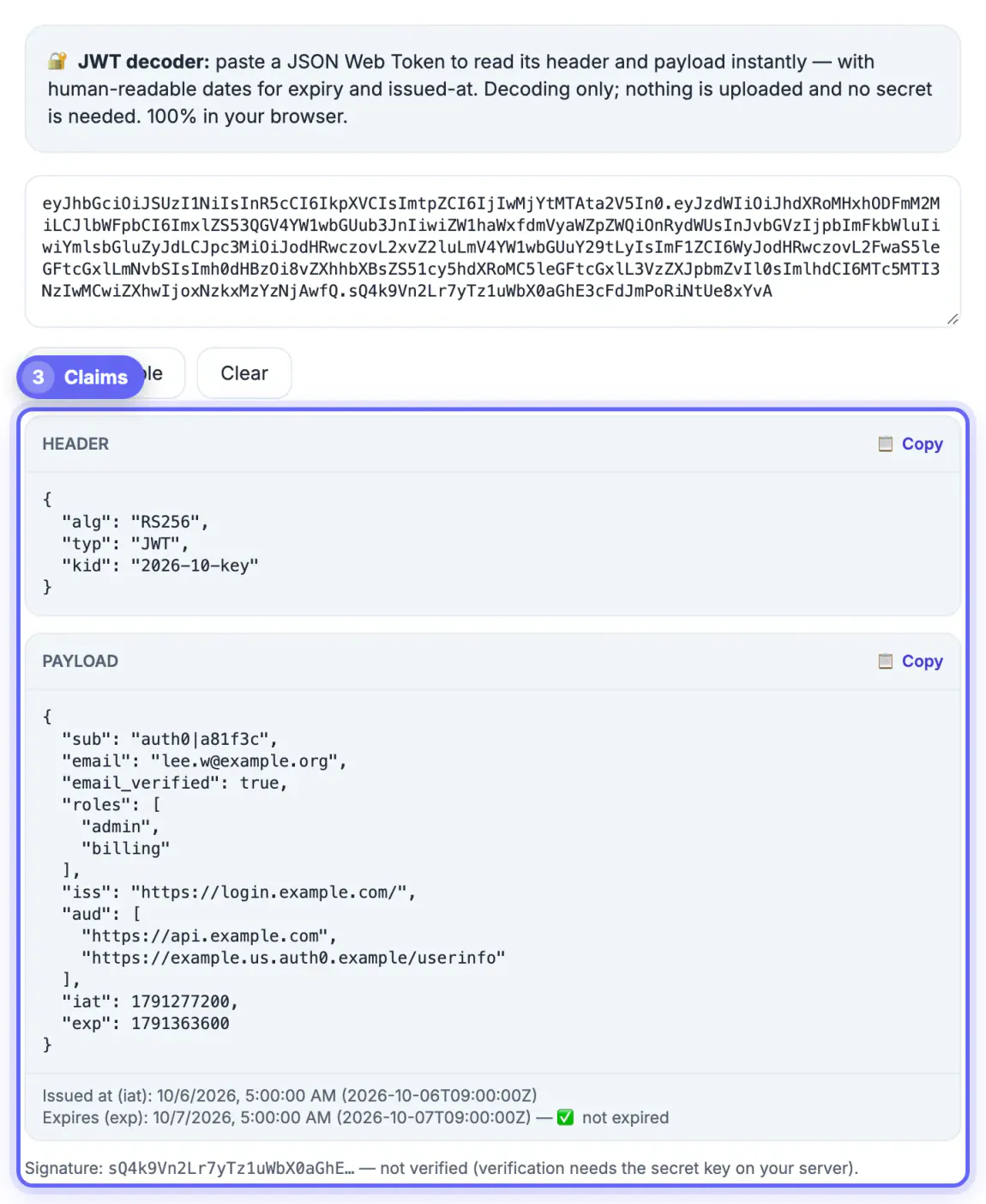 Decoded header with alg RS256 and kid 2026-10-key and payload with email, roles admin and billing, issuer and audience arrays