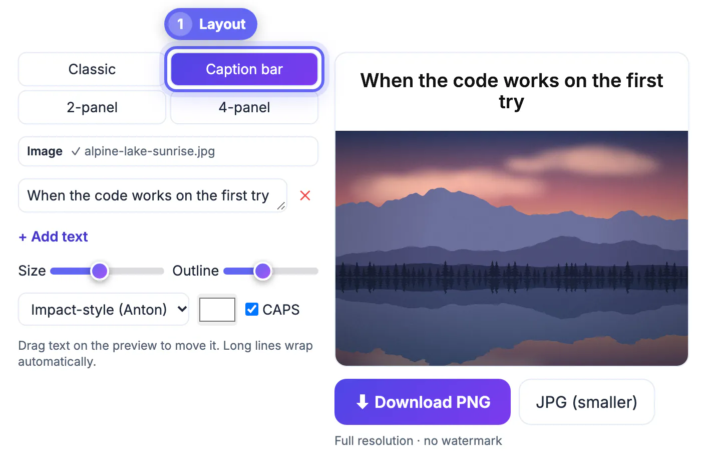 Caption bar layout selected with alpine-lake-sunrise.jpg under a white bar holding the default caption text