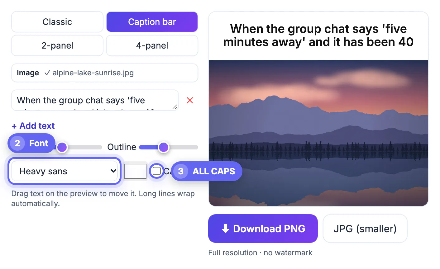 Font menu set to Heavy sans and the CAPS box unticked, so the caption is in sentence case