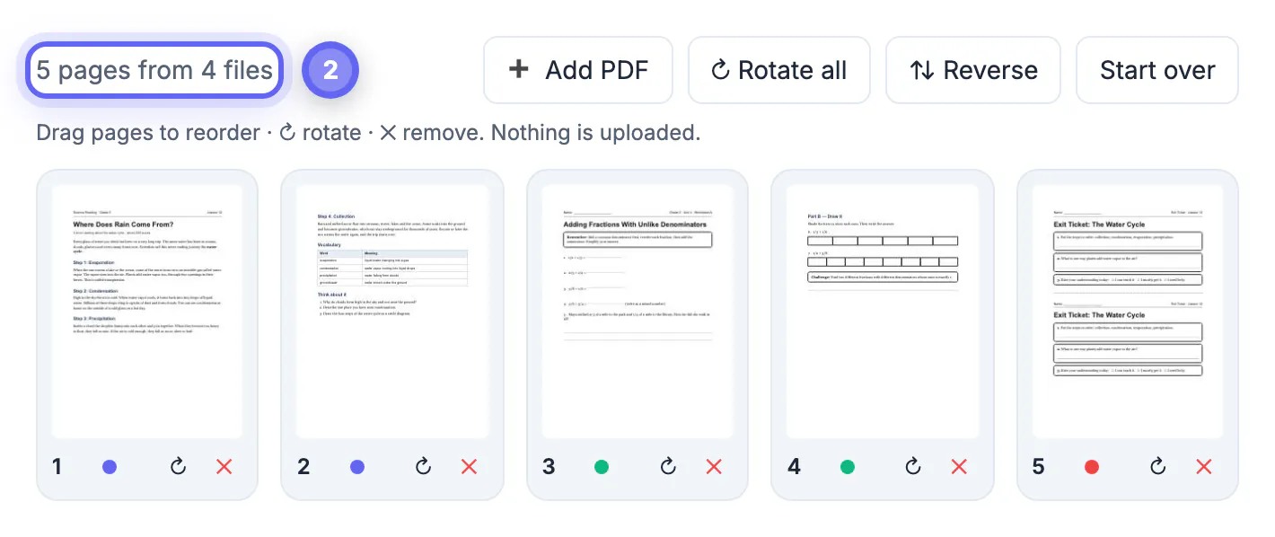 Answer key removed with the X button: the counter now reads 5 pages from 4 files, reading first and exit ticket last