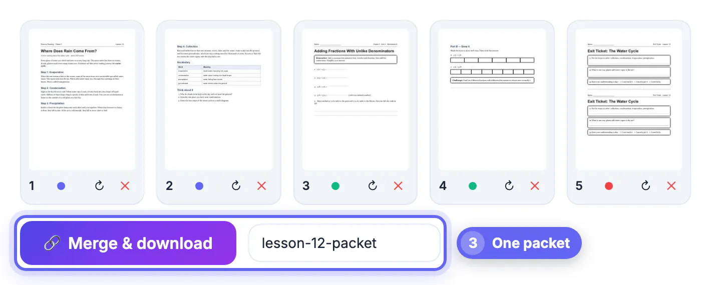 Lesson packet named lesson-12-packet with reading, worksheet and exit ticket pages ready for Merge and download