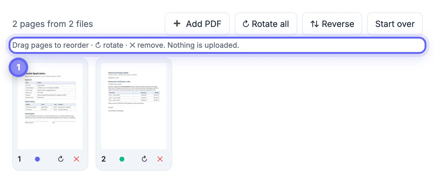Rental application and employment verification letter loaded as two page thumbnails, with the note Nothing is uploaded