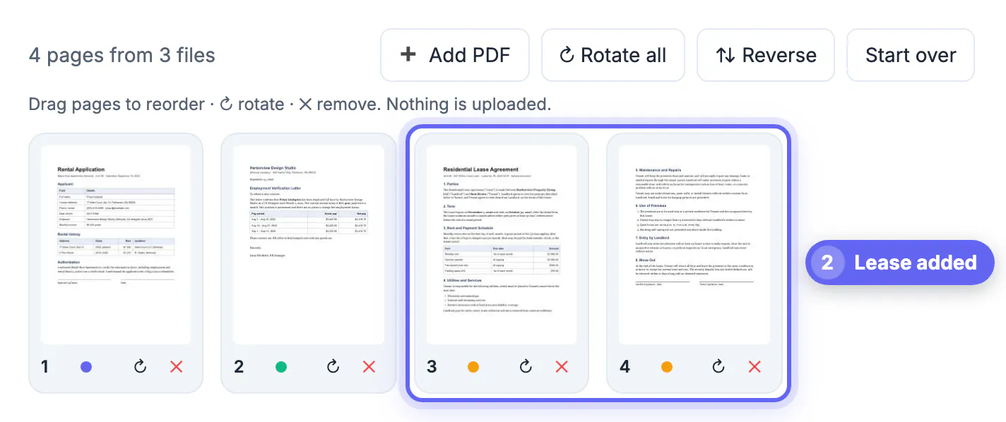 Two-page lease added with the Add PDF button: 4 pages from 3 files, each file marked with its own colored dot