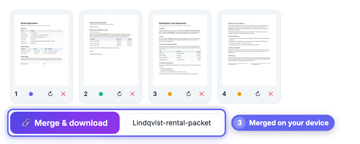 Rental packet pages in order with the file name Lindqvist-rental-packet and the Merge and download button