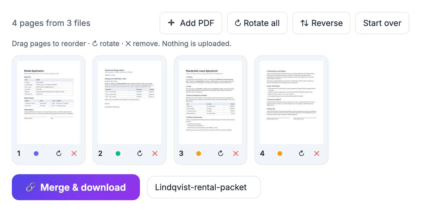 Four-page rental packet combined in the browser from an application, an income letter and a lease, ready to save