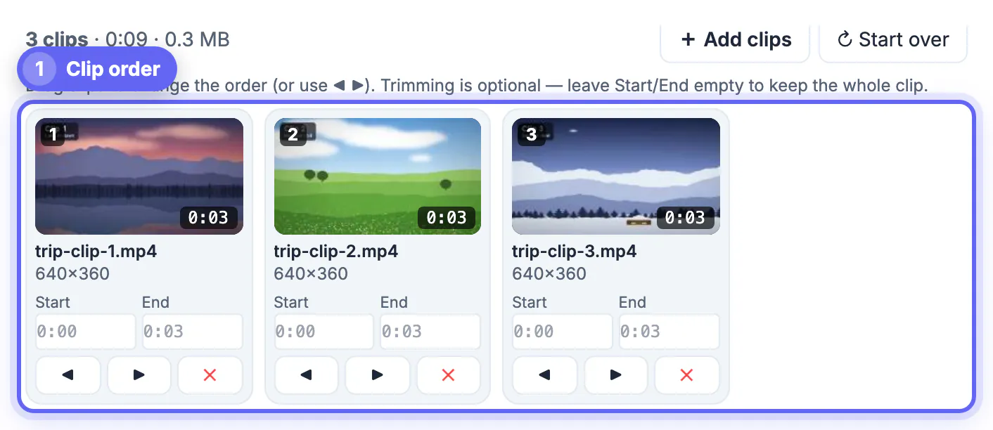 Merge Videos tool with three trip clips as thumbnails numbered 1 to 3, each 640 x 360 and 0:03 long