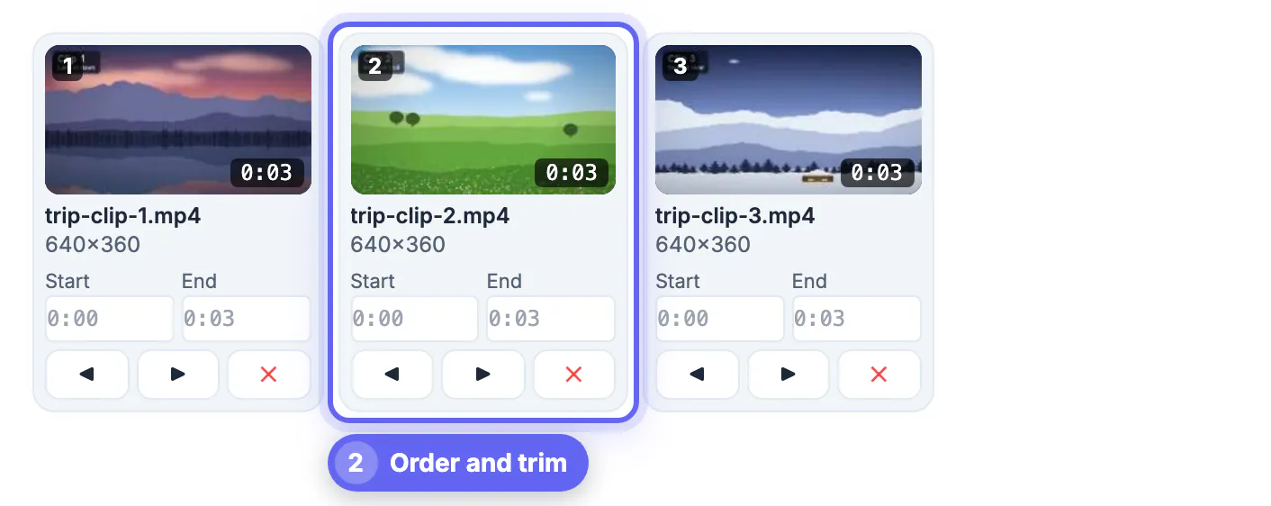 Start and End boxes on each clip card with the move earlier, move later and remove buttons underneath