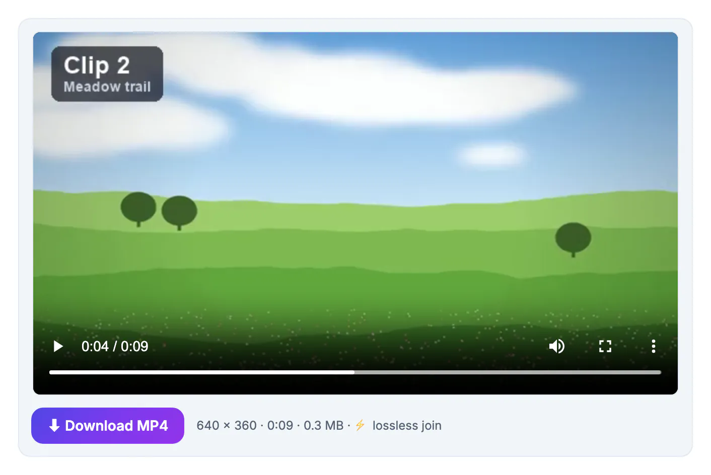 Merged 9-second MP4 of the three trip clips in the result player, labeled 640 x 360, lossless join