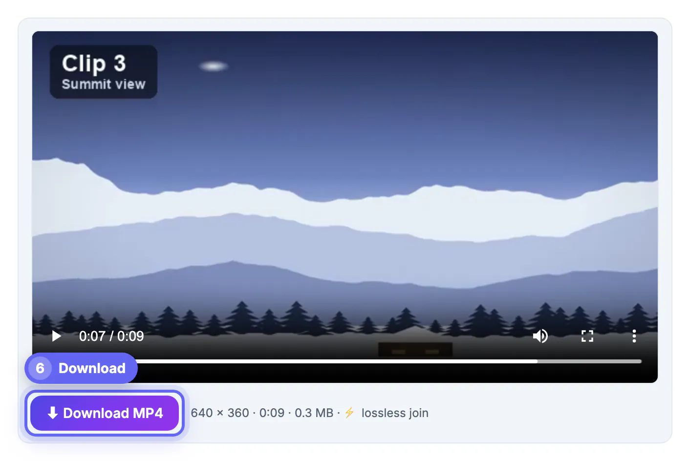 Download MP4 button next to the merged file details 640 x 360, 0:09 and lossless join