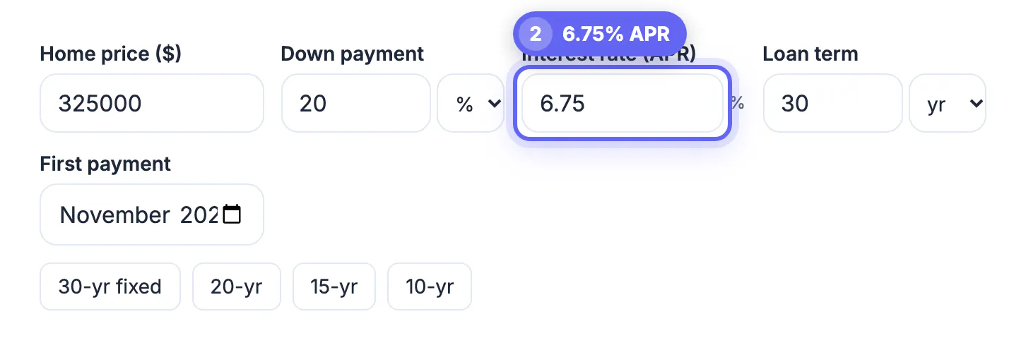 Interest rate field set to 6.75 and loan term 30 years in the mortgage calculator row