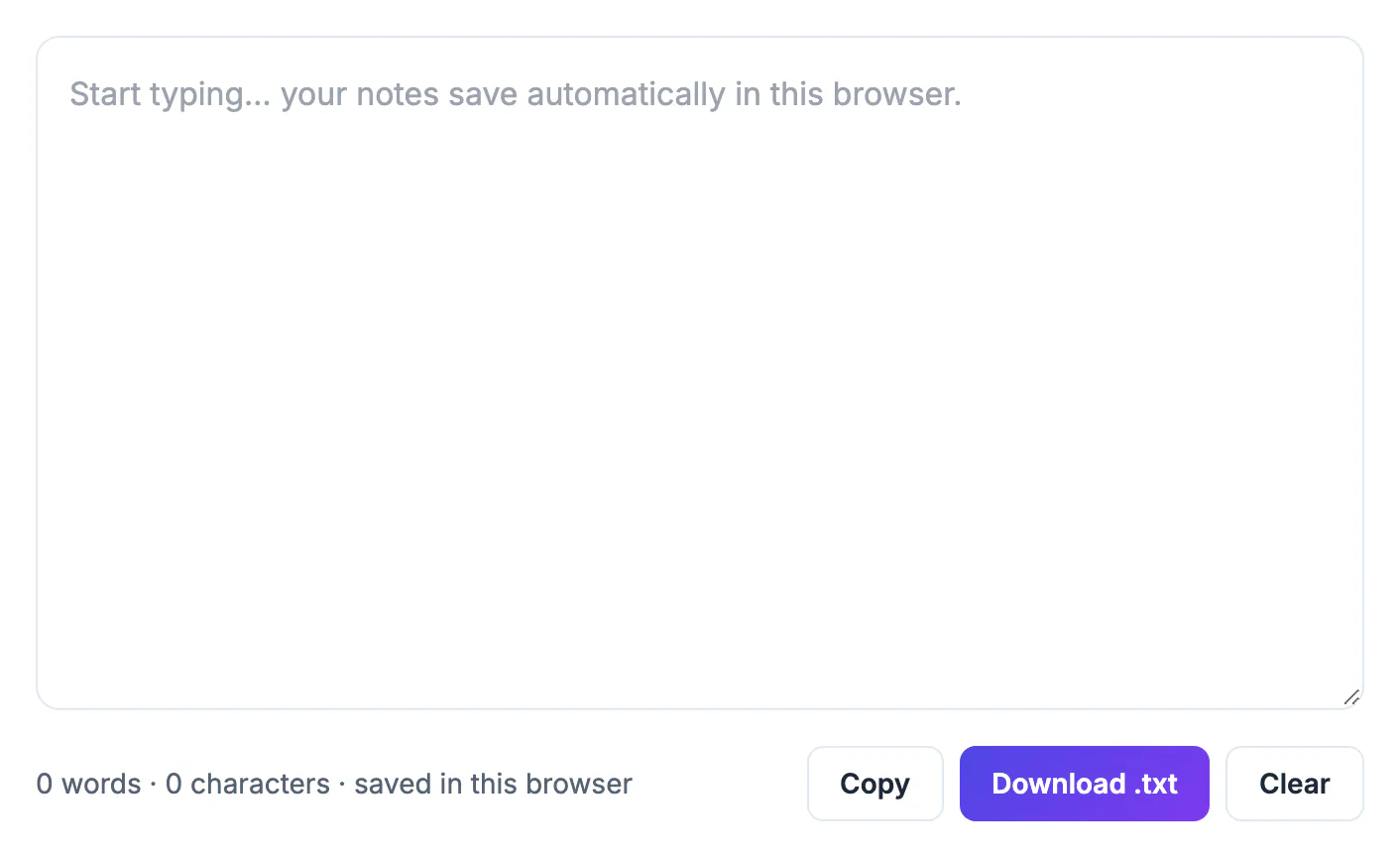 Empty Online Notepad with a placeholder and the status line reading 0 words, 0 characters, saved in this browser