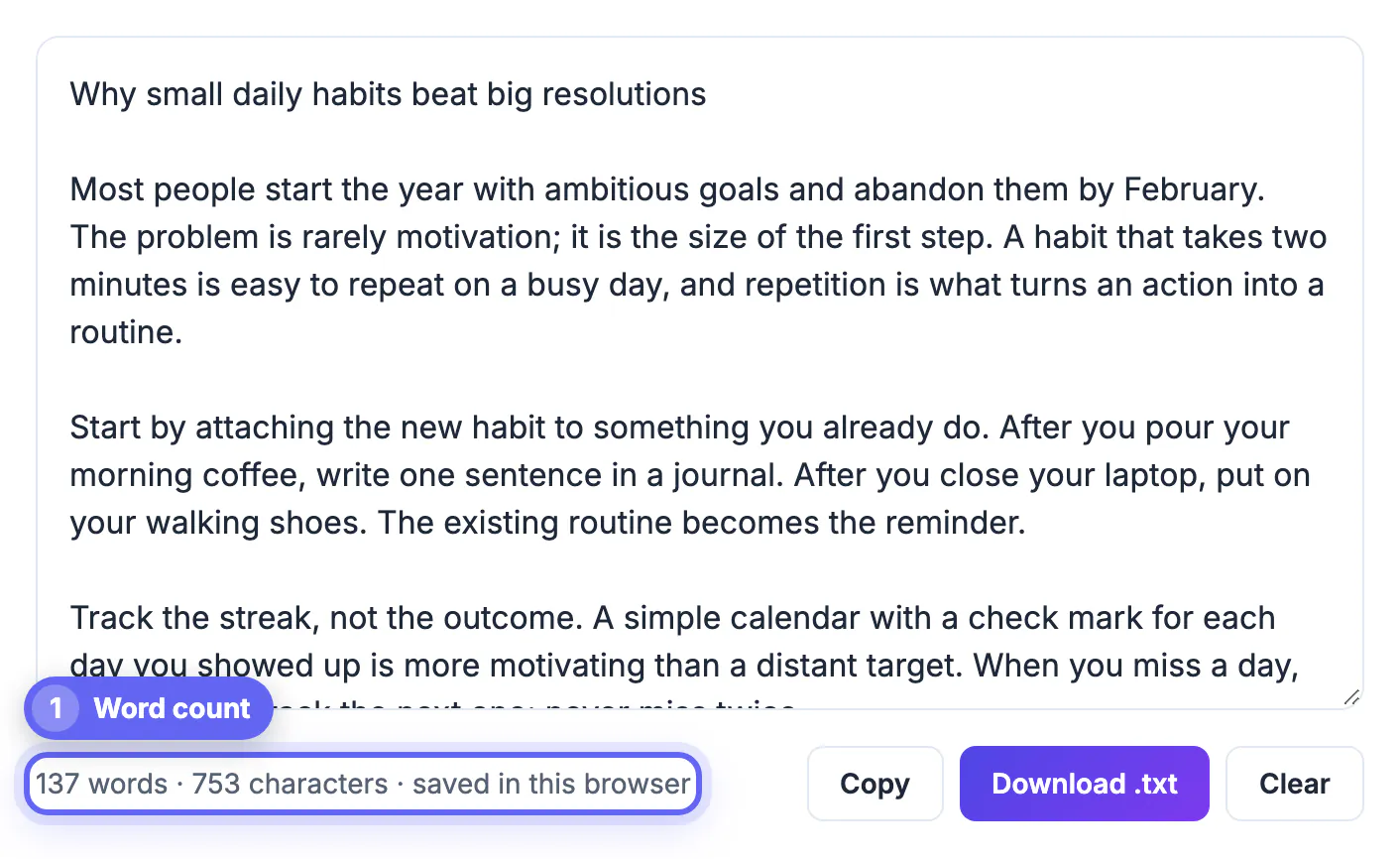 Finished result: a habits essay in the notepad with the status line 137 words, 753 characters outlined as the word count