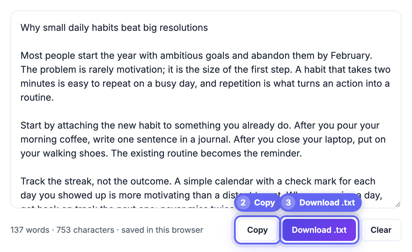 Copy and Download .txt buttons outlined beside the 137 words, 753 characters count
