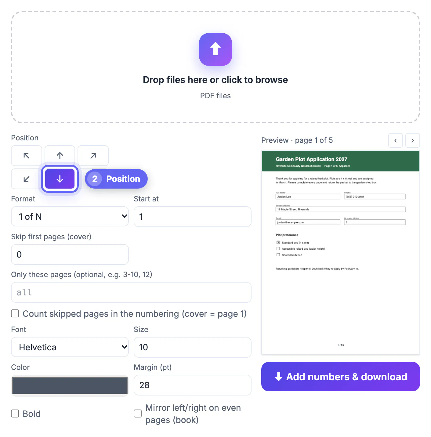 Format set to 1 of N with the label moved to the bottom center of the page preview