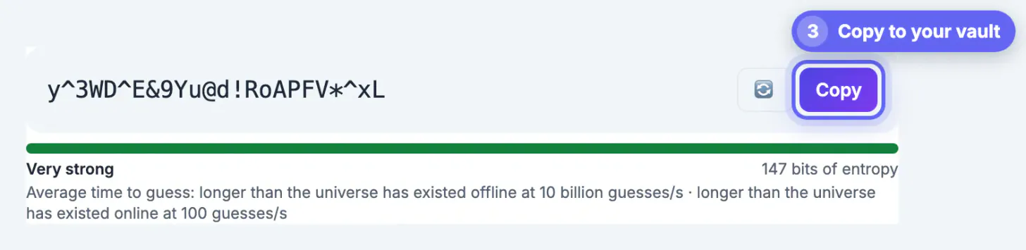Generated vault password of 24 random characters with a Very strong 147-bit rating, ready to copy into a saved login