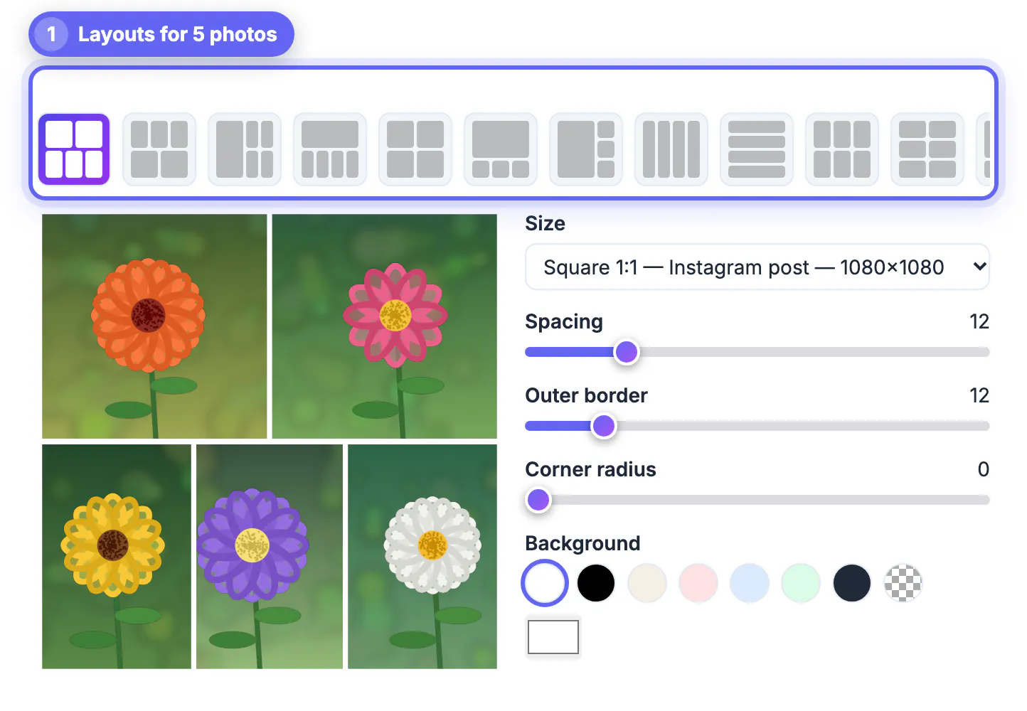 Collage maker after dropping five flower photos: a 2-over-3 grid of zinnia, dahlia, sunflower, aster and daisy with the layout row for five photos above it
