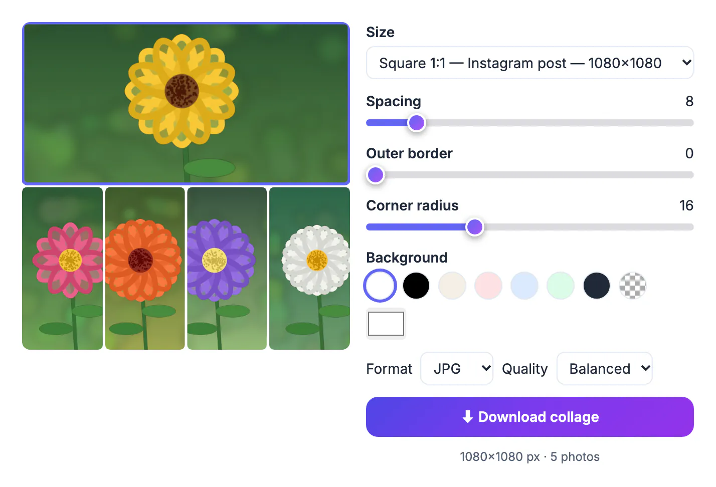 Finished five-flower collage: a large sunflower across the top and dahlia, zinnia, aster and daisy below with rounded corners, next to the Download collage button and a 1080Γ1080 px Β· 5 photos note