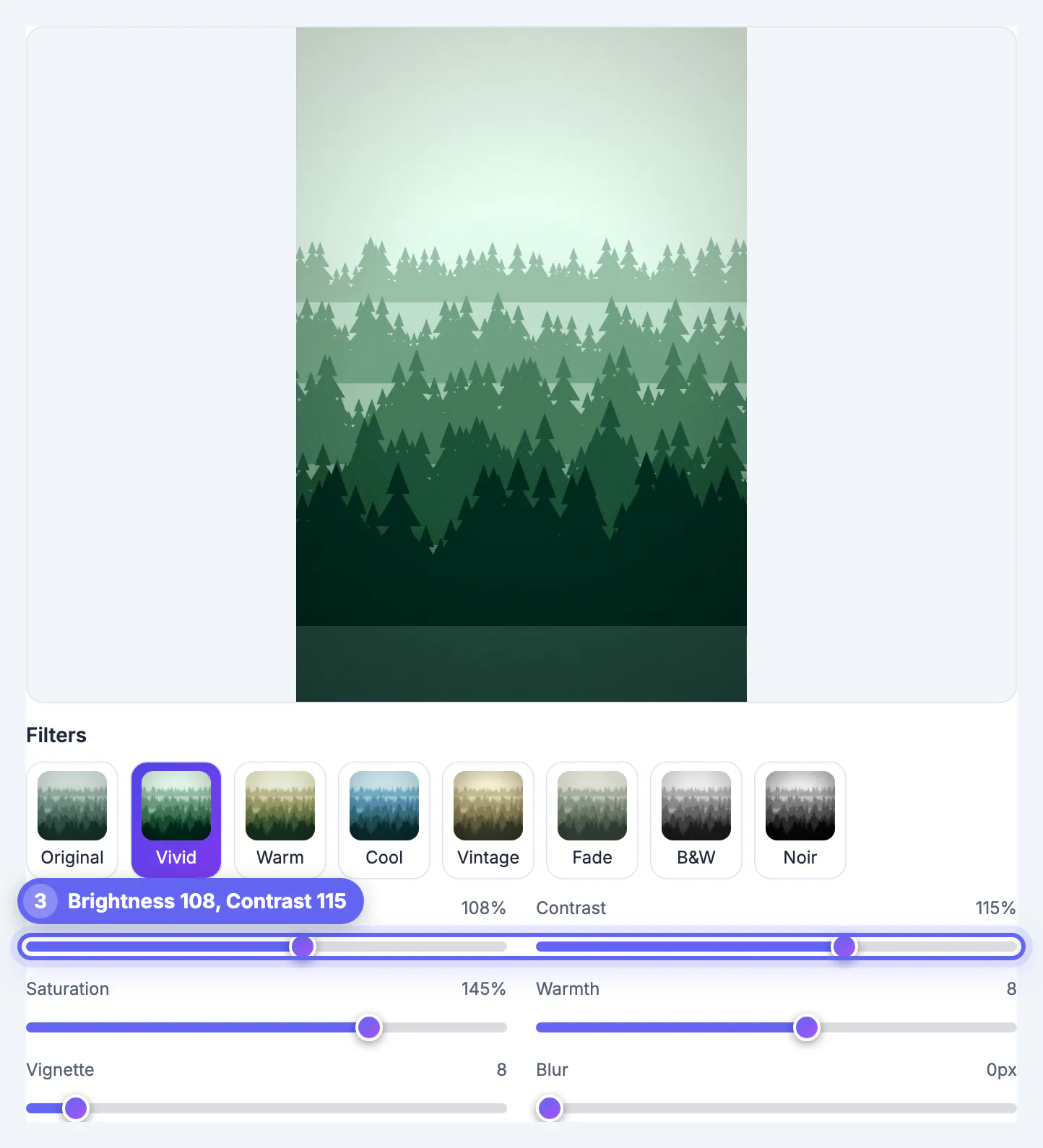 Brightness slider set to 108 and Contrast to 115 with the Saturation slider below, forest picture brighter