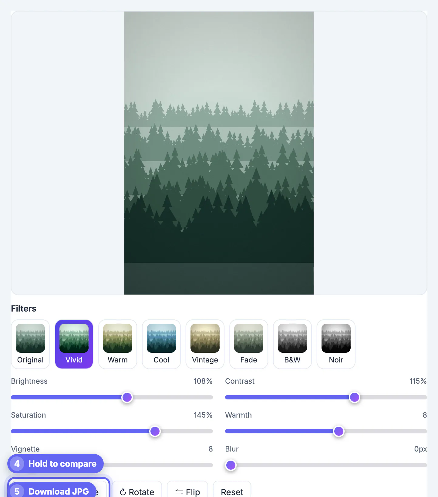 Compare button held so the original misty forest shows, with the Download JPG button highlighted