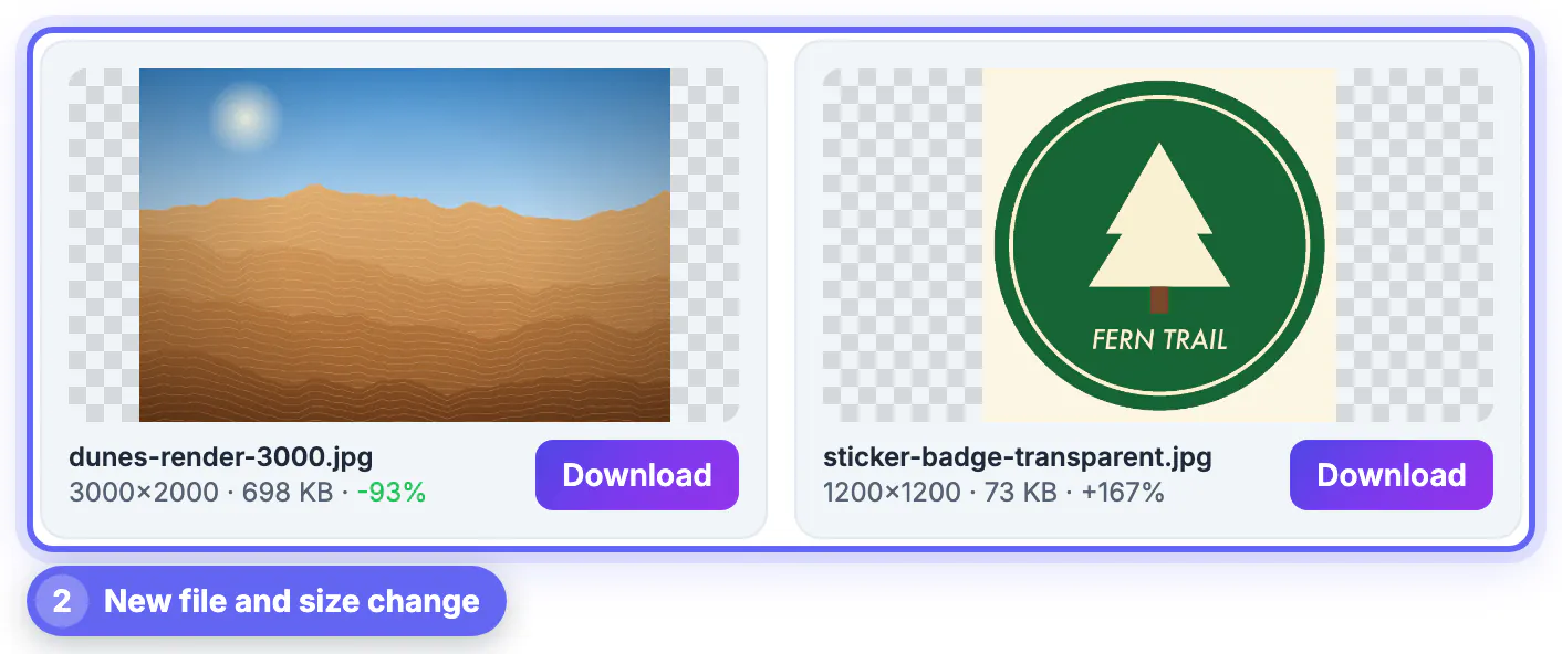 A 9 MB 3000ร2000 dunes PNG and a transparent Fern Trail badge converted to JPG with a cream background