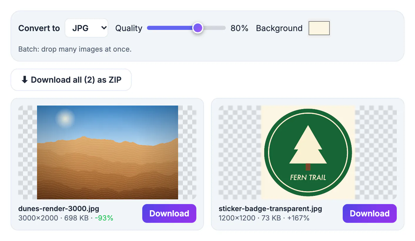 PNG to JPG batch at 80% quality with a cream background: a huge photo PNG and a badge converted