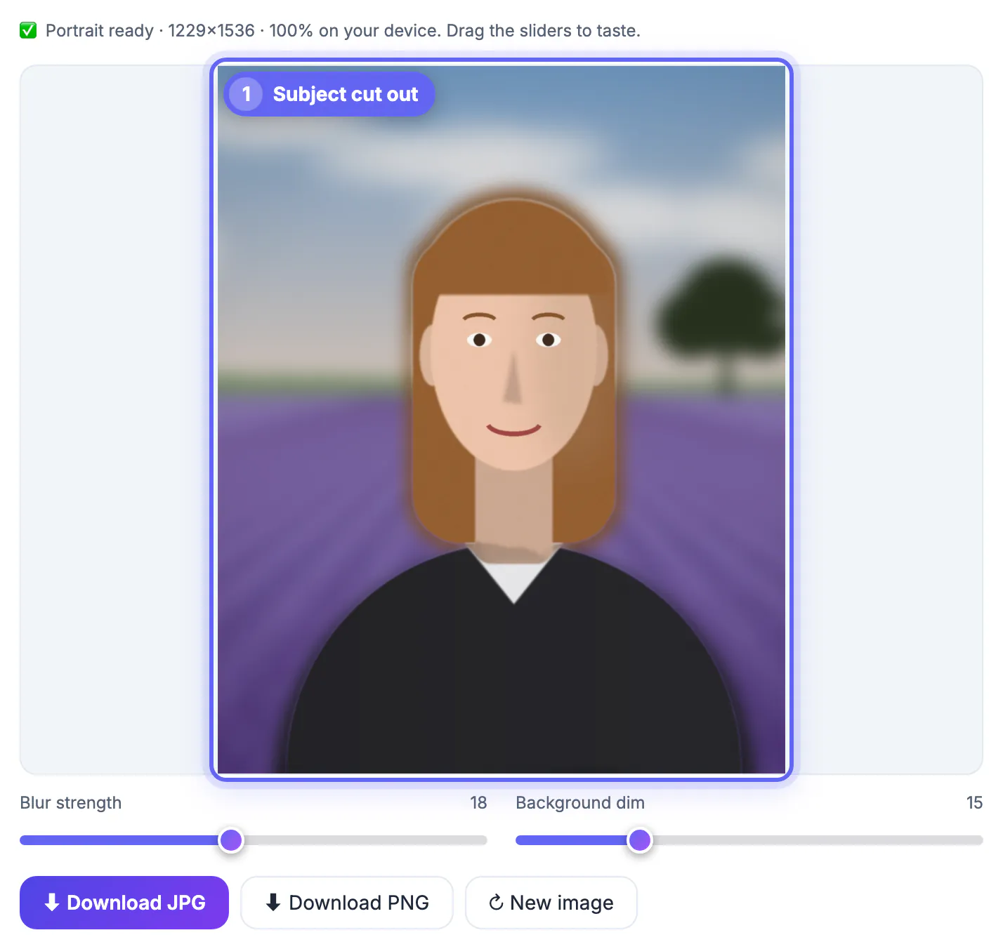 Portrait Blur preview of a woman with long brown hair in front of a lavender field and tree before any blur is changed