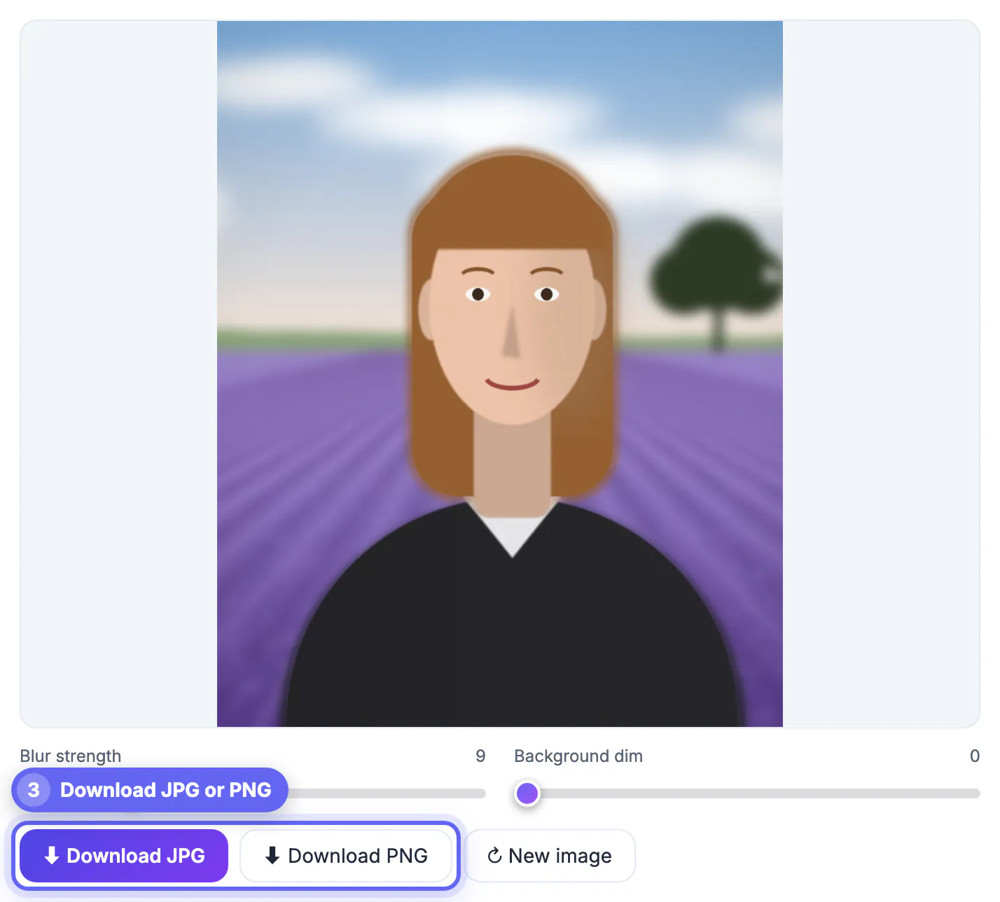 Download JPG and Download PNG buttons under the lavender portrait with a modest blur
