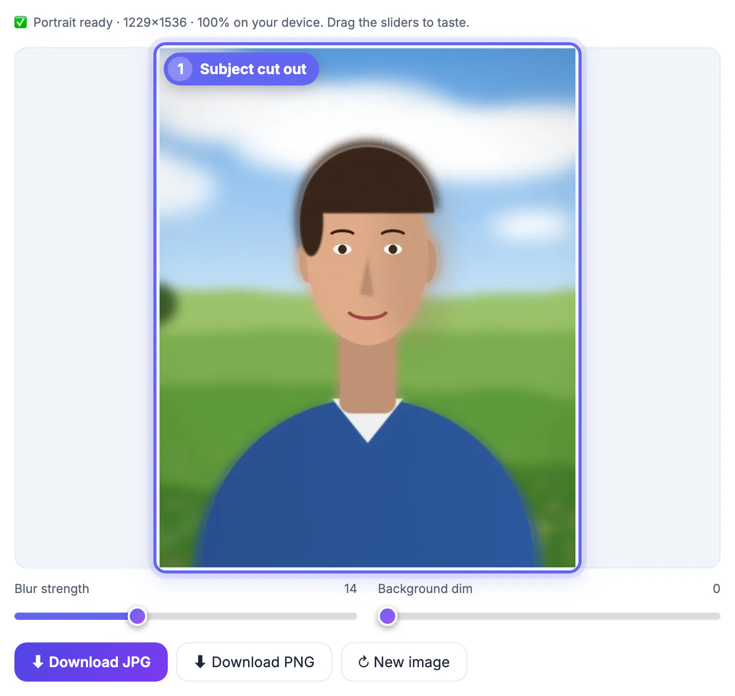Portrait Blur preview of a man in a blue sweater cut out from a green meadow and sky, ready for the Blur strength slider