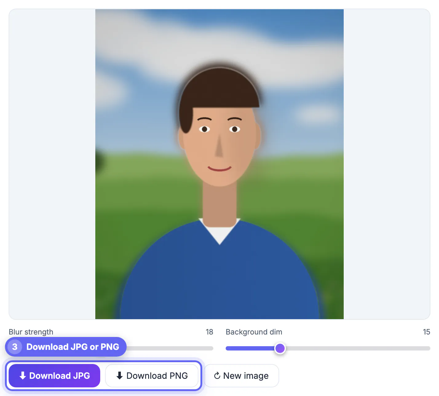 Download JPG, Download PNG and New image buttons below the blurred-meadow portrait