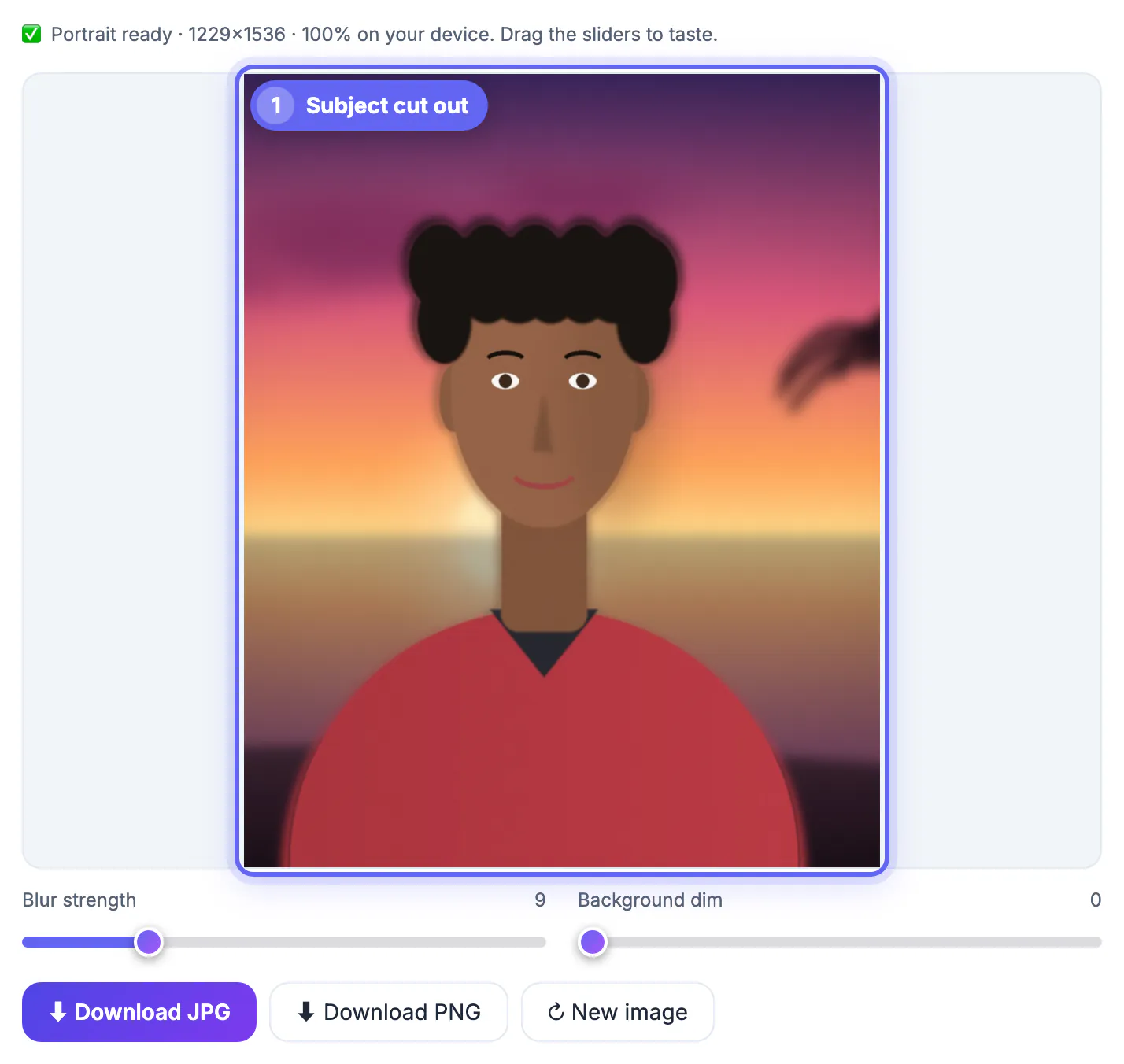 Portrait Blur preview of a man with curly hair in a red top cut out from a sunset sky and palm leaf