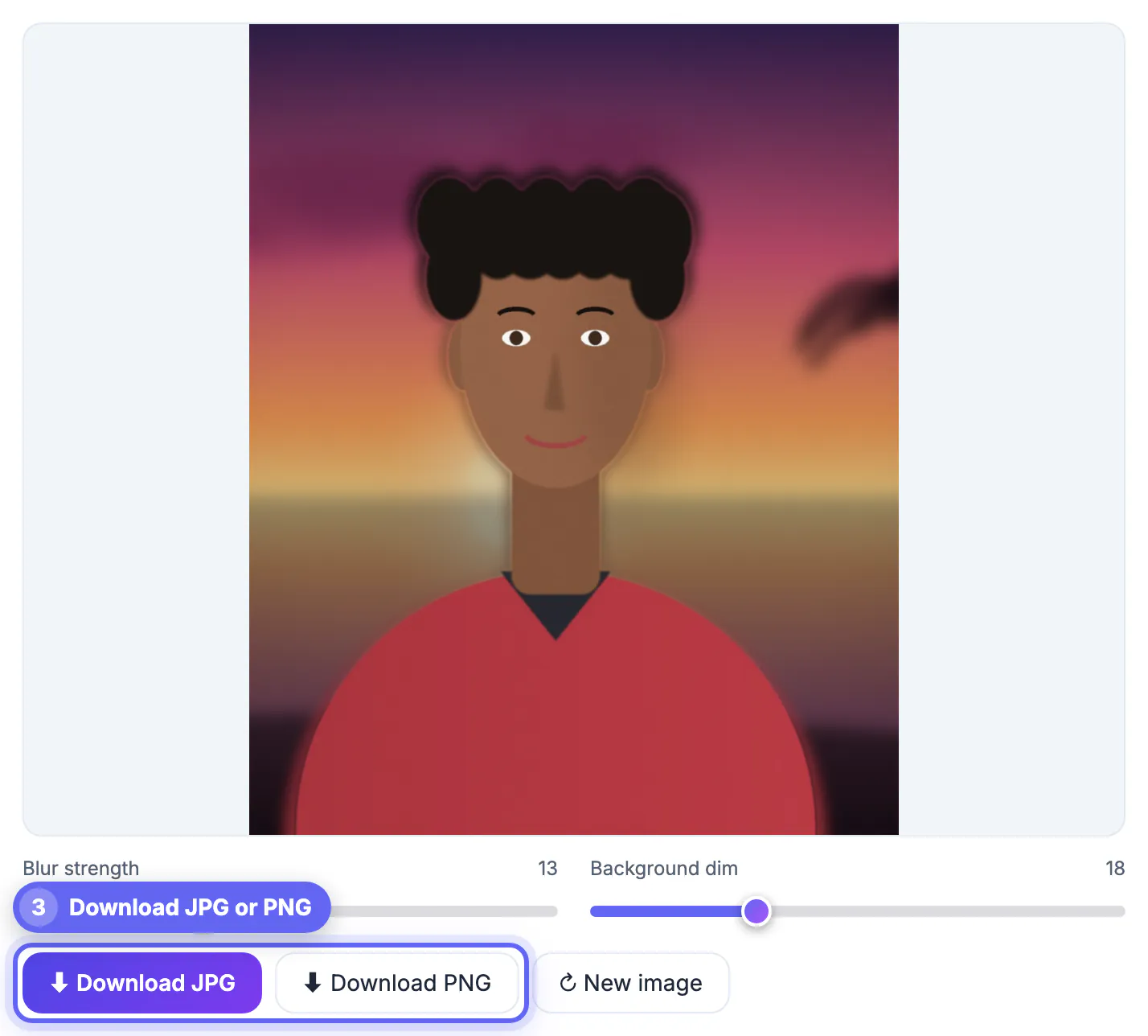 Download JPG button highlighted with Download PNG beside it under the sunset headshot
