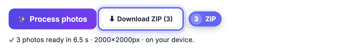 Download ZIP (3) button highlighted next to Process photos after all three Amazon images finished