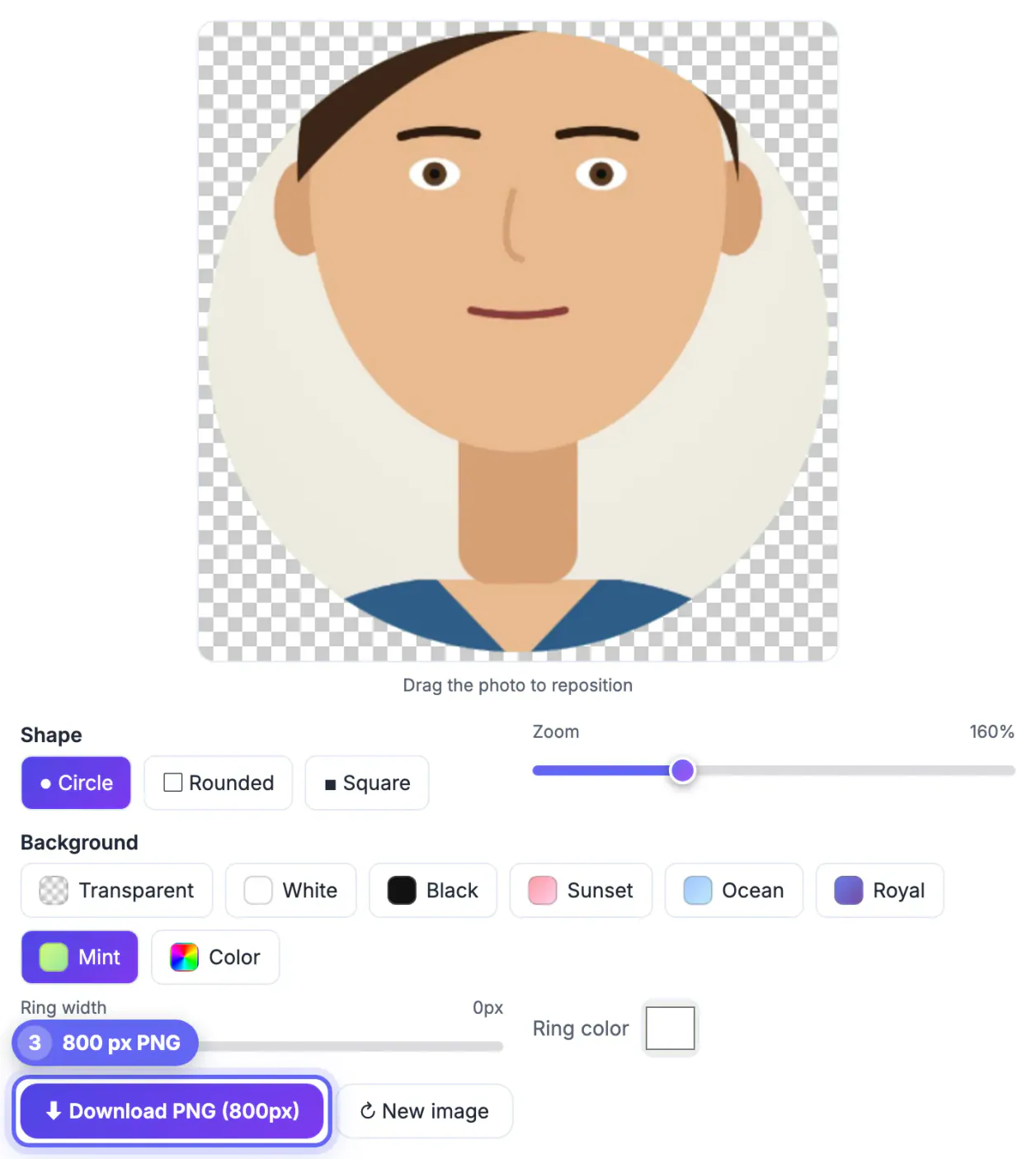 Finished circular portrait at 160% zoom with the Mint chip selected and the Download PNG (800px) button highlighted below the sliders