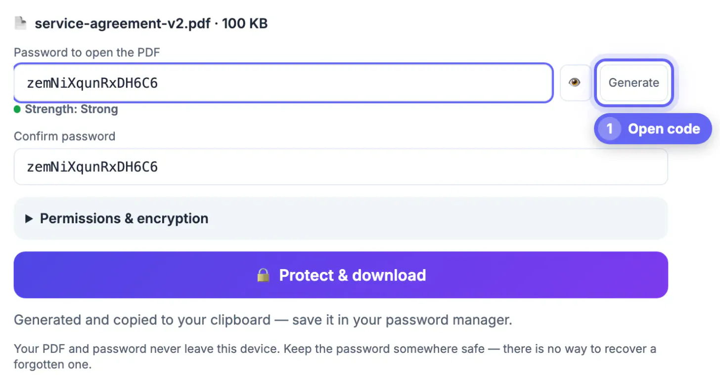 Protect PDF with the Service Agreement loaded and a generated open code in the Password and Confirm fields, strength meter beside it