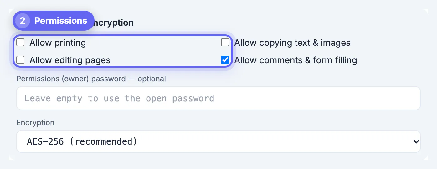 Permissions and encryption section with Allow printing, Allow copying text and images and Allow editing pages unticked while Allow comments and form filling stays ticked