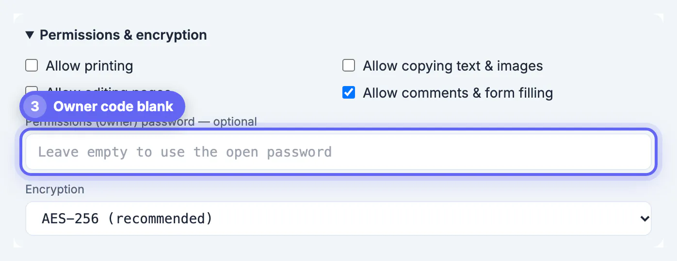 Permissions (owner) password field left blank with the placeholder Leave empty to use the open password, AES-256 recommended below it