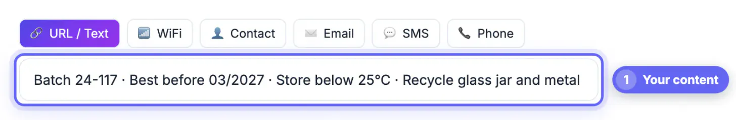 Plain text for a product label typed into the field: batch 24-117, best before 03/2027, storage and recycling notes