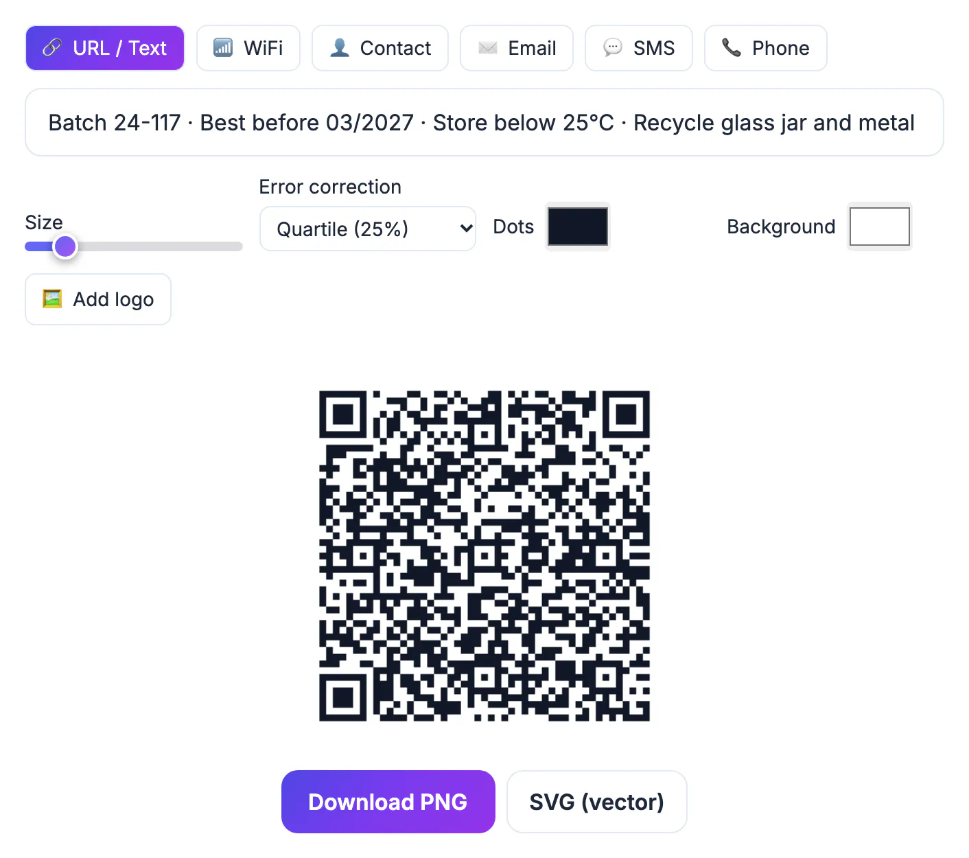 QR Code tool with batch, best-before and recycling text for a jar label encoded as an offline QR code