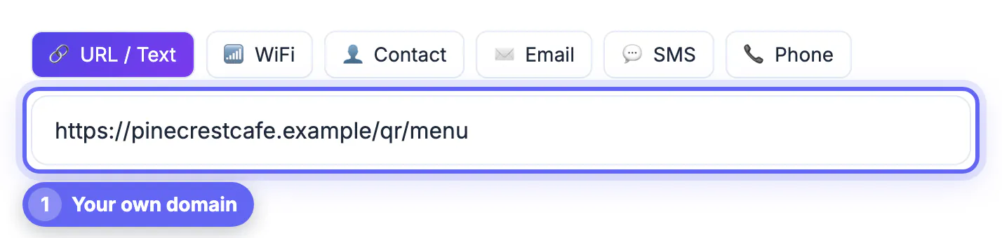 URL / Text tab with the own-domain address https://pinecrestcafe.example/qr/menu typed into the field