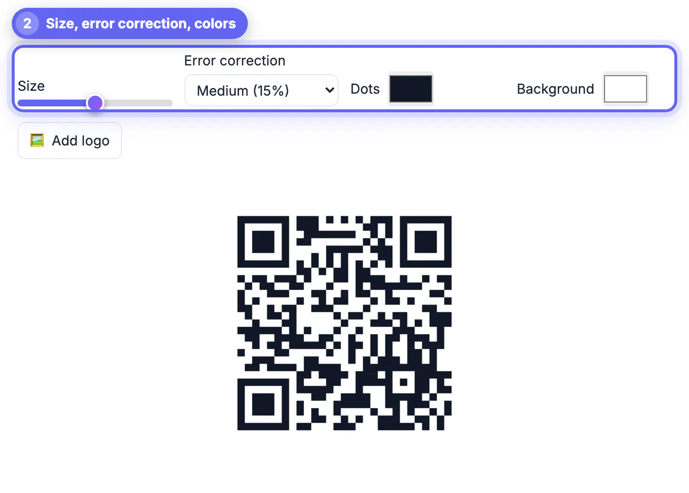 Size slider raised, Error correction set to Medium (15%), dark dots on a white background and a static QR code preview