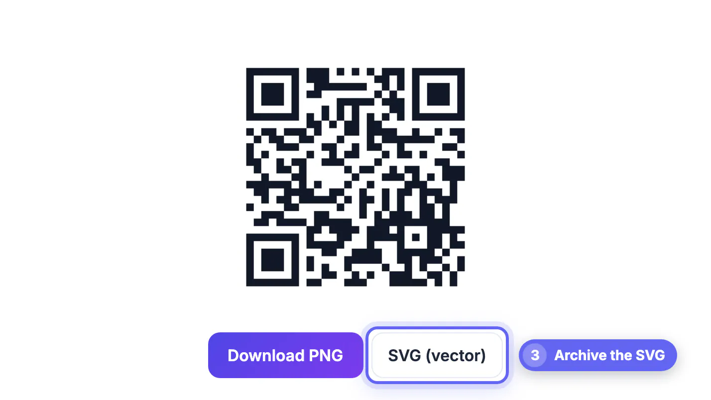 Finished dark static QR code for the pinecrestcafe.example menu path above the Download PNG and SVG (vector) buttons