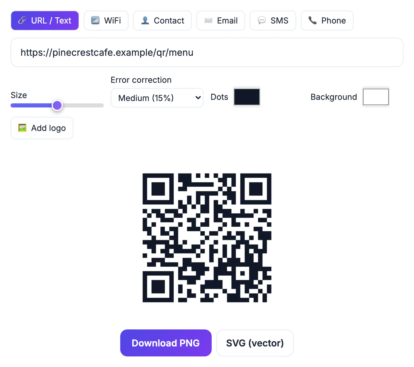 QR Code Generator showing a permanent static code for https://pinecrestcafe.example/qr/menu with Medium (15%) error correction
