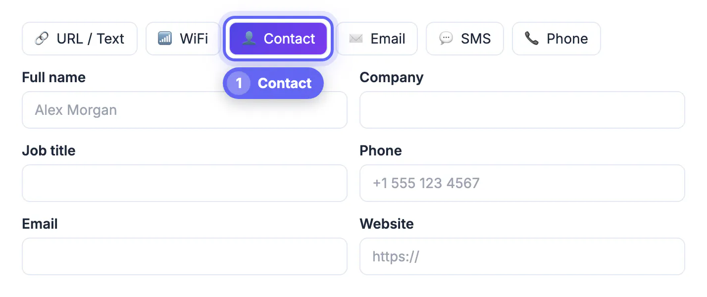 QR type buttons with Contact selected, showing the Full name, Company, Job title, Phone, Email and Website fields