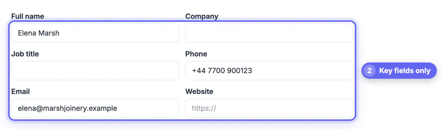 Contact fields filled with only Elena Marsh, mobile +44 7700 900123 and elena@marshjoinery.example; company, title and website left empty