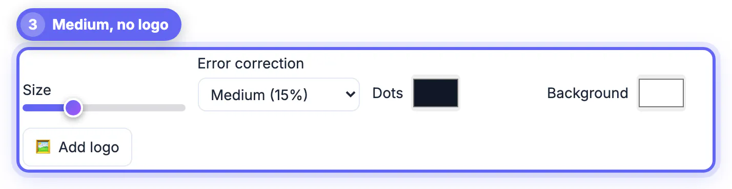 Options row with Error correction on Medium (15%), dark Dots on a white Background and no logo added